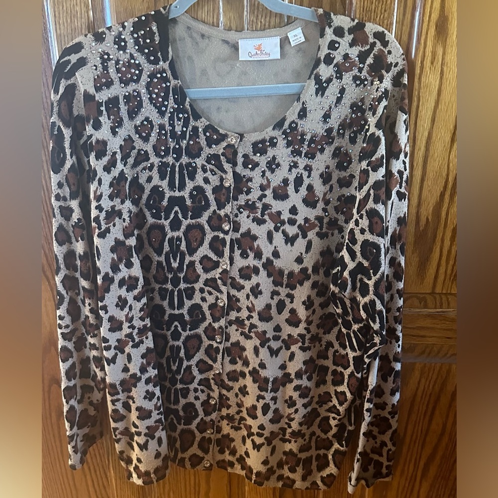 Quacker Factory Grey Leopard Print Cardigan XL